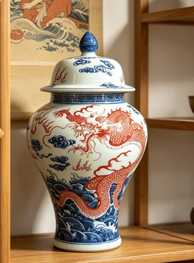 仿古手绘青花将军罐景德镇陶瓷龙纹茶叶罐中式客厅博古架花瓶摆件