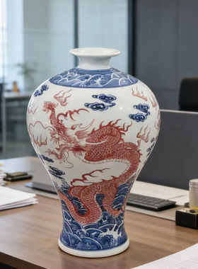 清乾隆仿古手绘青花釉里红花瓶景德镇陶瓷花瓶客厅插花博古架摆件