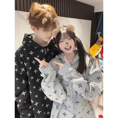 美式复古十字满印花连帽卫衣男女