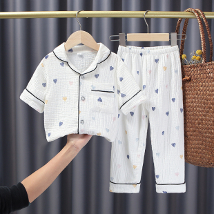 女童春夏季纯棉纱布睡衣儿童双层中大童男孩短袖夏薄款套装家居服