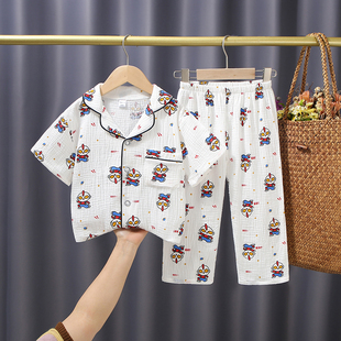 男女童春夏款长短袖A类纯棉纱布睡衣 儿童双层棉纱女童套装家居服