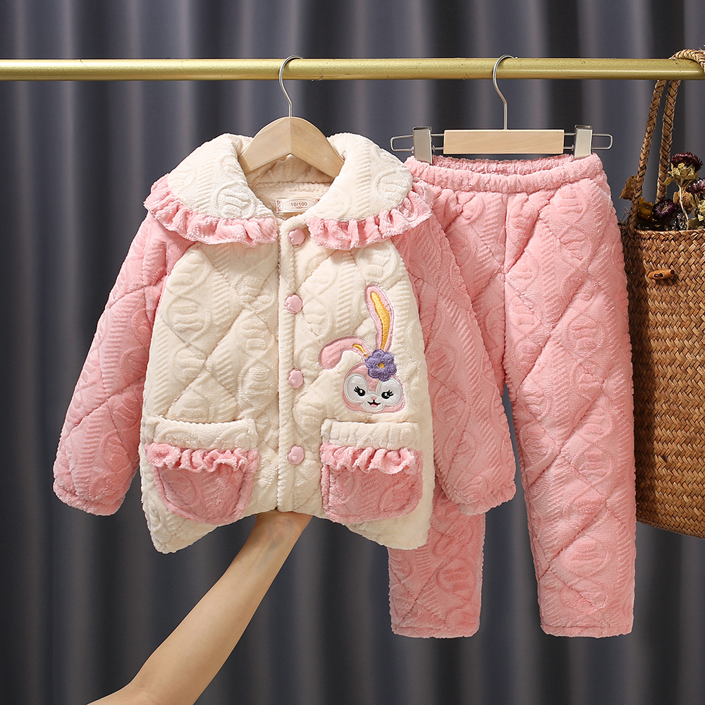冬季新款女童牛奶绒睡衣套装三层加厚夹棉法兰绒女孩宝保暖家居服