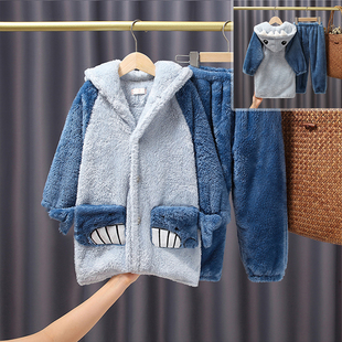 男女童秋冬季加厚中长款法兰绒睡衣女童珊瑚绒帽子套装儿童家居服