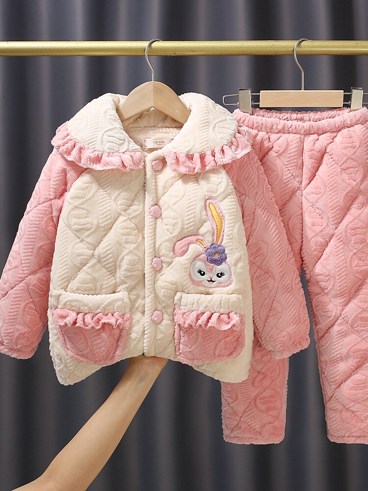WINTER NEW GIRLS PAJAMA SET THREE-LAYER THICKENED COTTON STRIPED FLANNEL GIRL BABY WARM LOUNGEWEAR