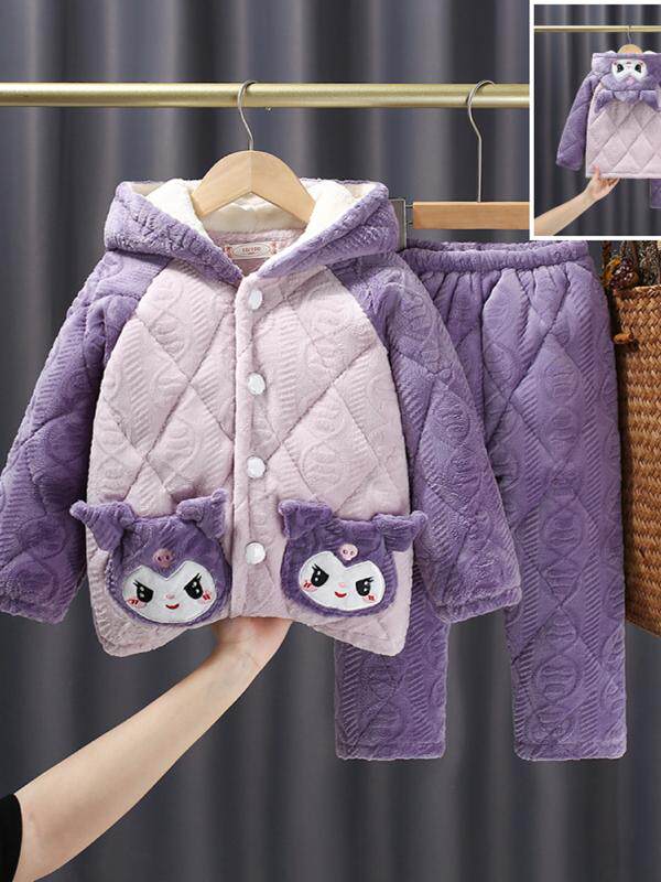 WINTER NEW GIRLS PAJAMA SET THREE-LAYER THICKENED COTTON STRIPED FLANNEL GIRL BABY WARM LOUNGEWEAR
