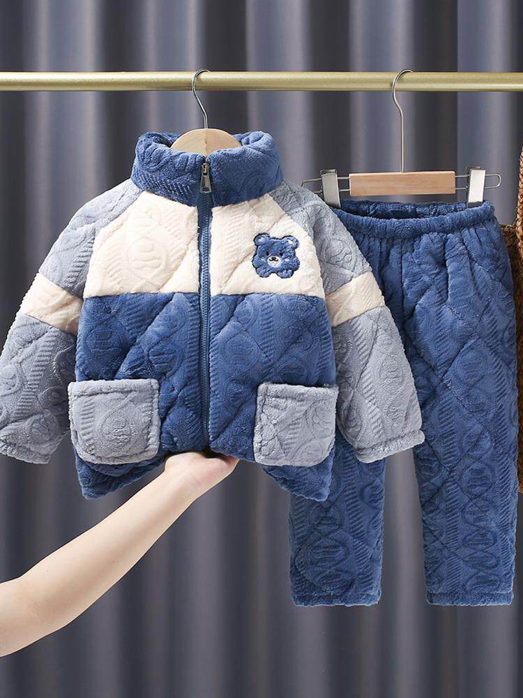 WINTER NEW GIRLS PAJAMA SET THREE-LAYER THICKENED COTTON STRIPED FLANNEL GIRL BABY WARM LOUNGEWEAR