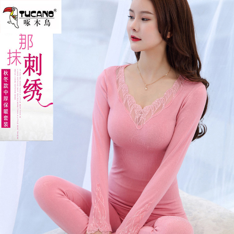 啄木鸟性感加绒加厚保暖内衣套装女修身美体秋衣秋裤打底纯棉毛衫