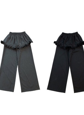 韩国小众25新款atel*er木耳花边裙裤假两件条纹休闲裤长裤直筒裤
