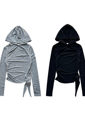 韩国小众LC美式辣妹不对称绑带收腰连帽长袖T恤上衣修身打底衫ins