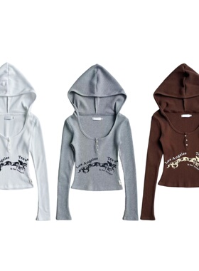 韩国小众美延井南同款Gl*wny修身字母U领连帽华夫格T恤长袖打底衫