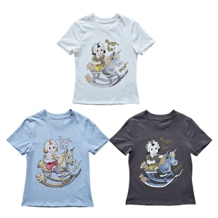 t恤上衣 短袖 韩国小众26新款 OPEN马年限定少女摇摆木马印花显修身