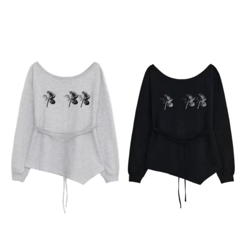 韩国小众dia*nal不规则下摆斜肩系带花朵印花露肩长袖T恤上衣女款