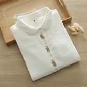 女文艺小清新刺绣宽松百搭打底上衣双层棉纱 衬衫 春秋新款 纯棉长袖