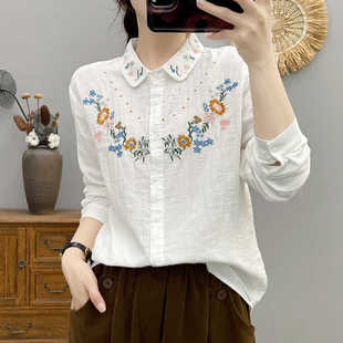上衣 女森系文艺花朵刺绣柔软亲肤纯棉宽松打底衫 双层棉纱长袖 衬衫