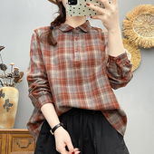 女长袖 春秋新款 全棉套头复古文艺格子衬衫 宽松翻领显瘦上衣通勤