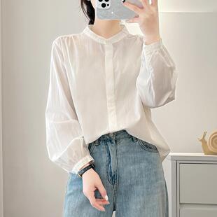 春秋新款全棉立领灯笼袖长袖白衬衫女文艺休闲衫简约百搭打底衫