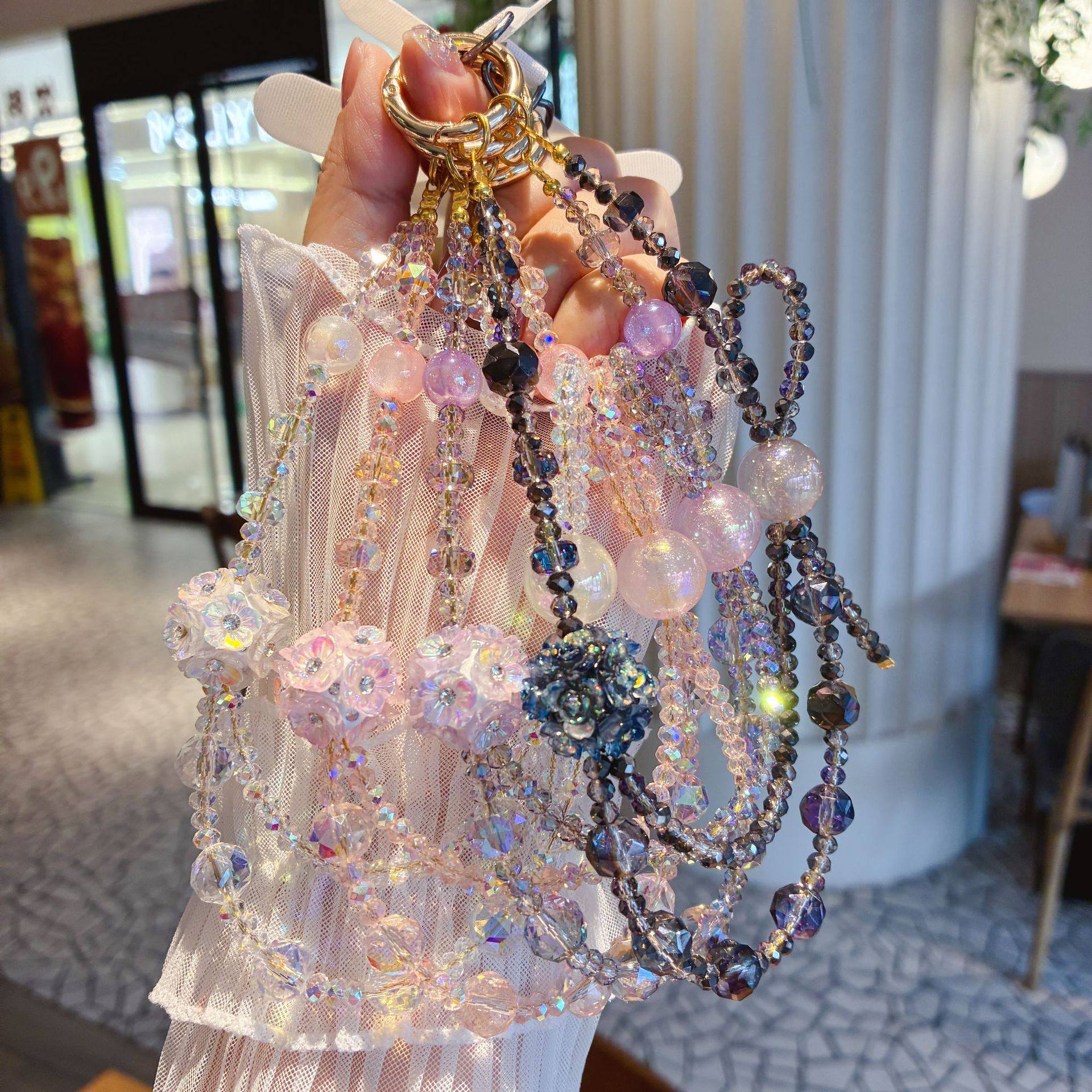 水晶手机链高级感锆石流苏挂链创意新款双链串珠挂饰绳批发幸运