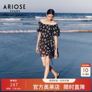 30429010 艾诺丝雅诗100%棉方领一字肩印花气质娃娃连衣裙夏新品