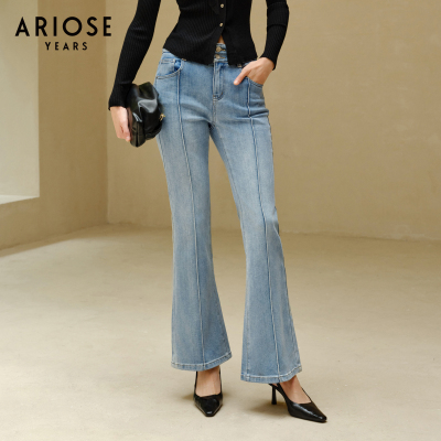 ARIOSEYEARS复古通勤微喇牛仔裤女后开叉设计高腰长裤春30723203