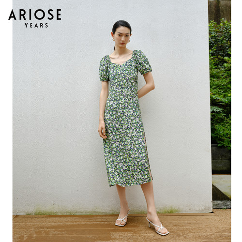 ARIOSEYEARS夏季新品修身时尚碎花泡泡袖短袖长连衣裙2071909