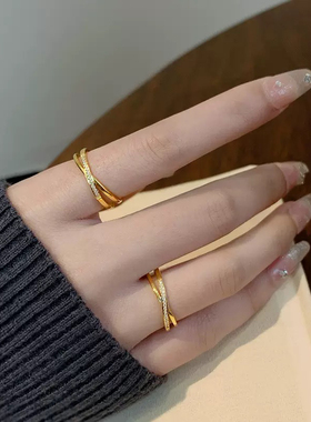 中古金色排钻交叉戒指黄金色复古气质简约百搭轻奢高级感叠戴食指