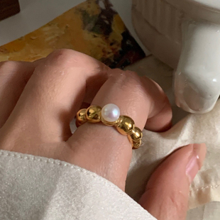 韩系都市小众又洋气雅而有型设计感一颗大珍珠麻花造型戒指粗款