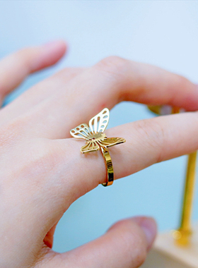 不掉色方钻镂空满天星夸张立体蝴蝶开口戒指女小众设计可调节超仙