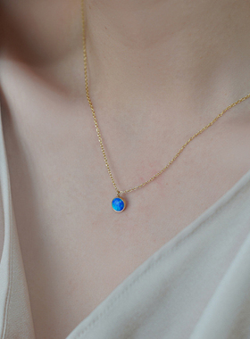 精致手工一颗蓝绿色宝石 18K镀金不褪色锁骨链项链欧美ins叠戴