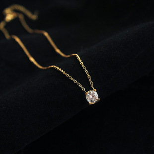 极简经典18K包金人工合成培育钻石四爪单钻链锁骨链毛衣链超闪潮