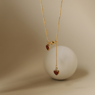 素颜项链~出彩两颗红色小爱心毛衣链流苏造型款锁骨链百搭显白款