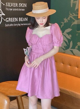 高端定制网红精品干枯玫瑰紫色法式复古超仙泡泡袖森女系连衣裙夏