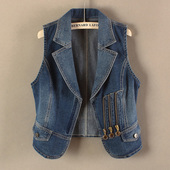 显瘦韩版 夏新款 春秋无袖 牛仔马甲女短款 外套背心西装 领拉链马夹潮