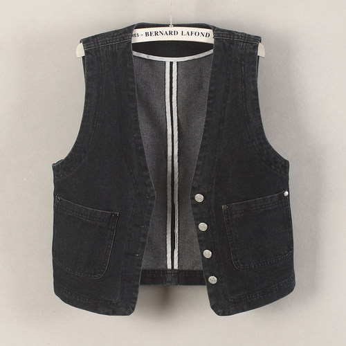 百搭短款V领黑色牛仔马甲外搭