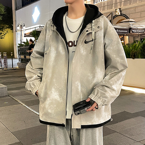 耐克顿扎染复古外套男士秋季连帽情侣款夹克宽松休闲港风秋装上衣