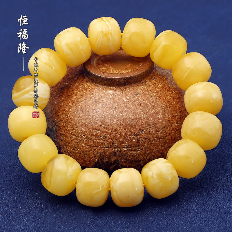 恒福隆天然蜜蜡老型手串男正品原矿鸡油黄白花蜡琥珀饼子单圈手链