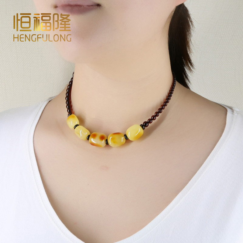 恒福隆天然蜜蜡锁骨链女天然正品原矿琥珀随形遮挡甲状腺疤痕项链