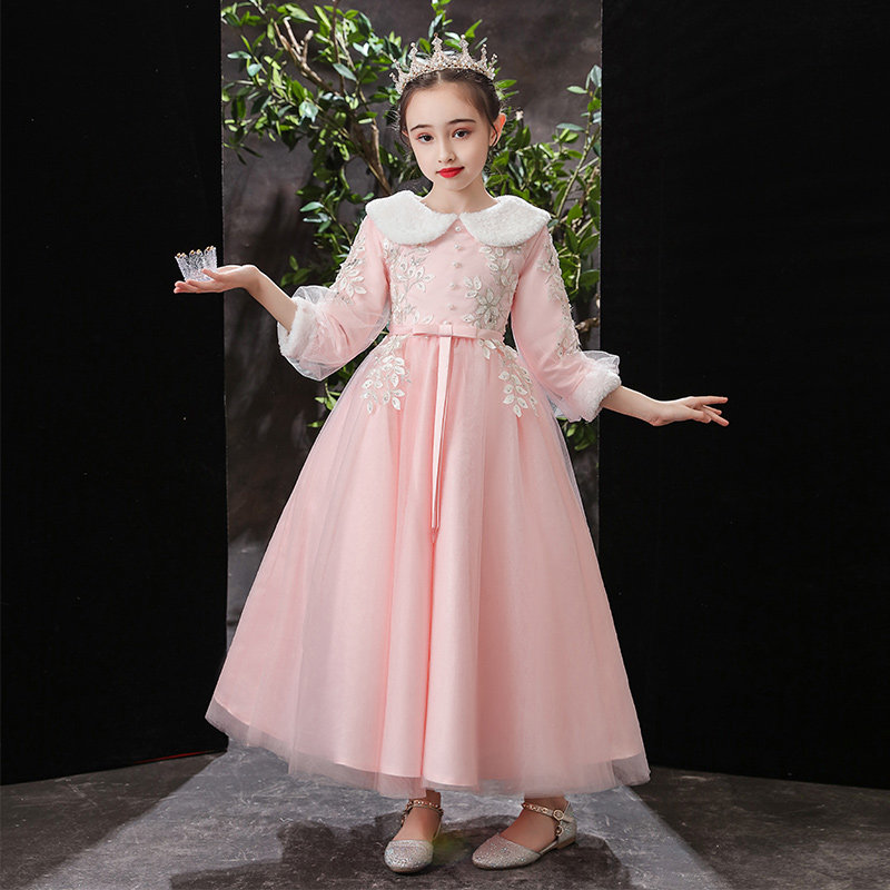 儿童晚礼服公主裙女童蓬蓬纱婚礼加绒秋冬粉色花童小女孩走秀洋气