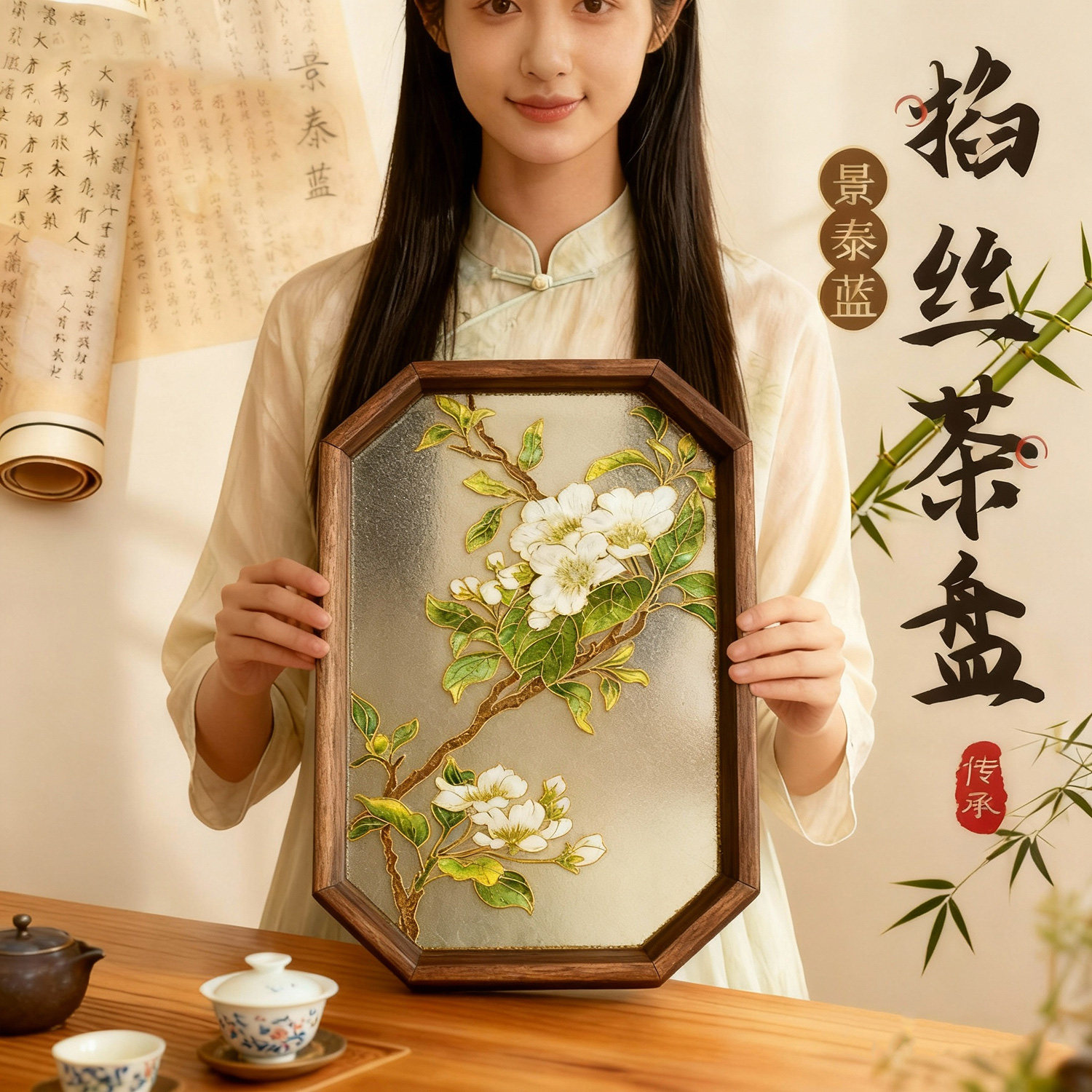 掐丝珐琅画茶盘景泰蓝海棠花玻璃托盘非遗diy手工材料伴手礼摆件,特色手工艺,景泰蓝,淘宝优惠券,粉丝福利购,淘宝优惠卷