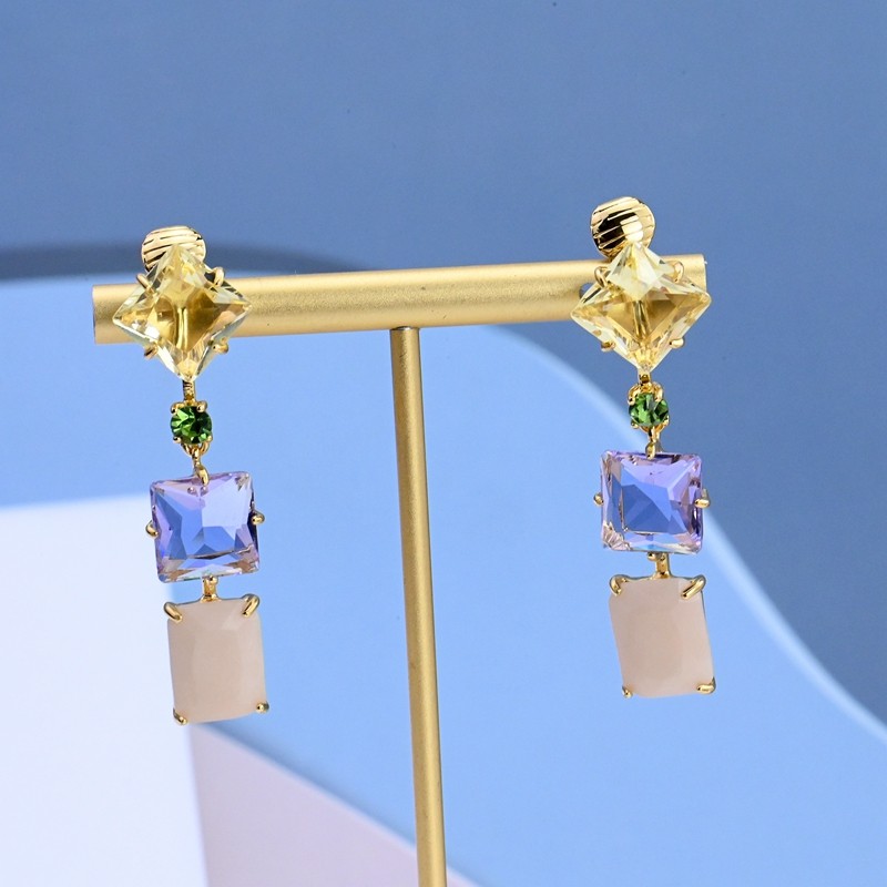 小众轻奢款金属镀金水晶玻璃糖果色甜美时尚百搭款耳钉耳饰现货
