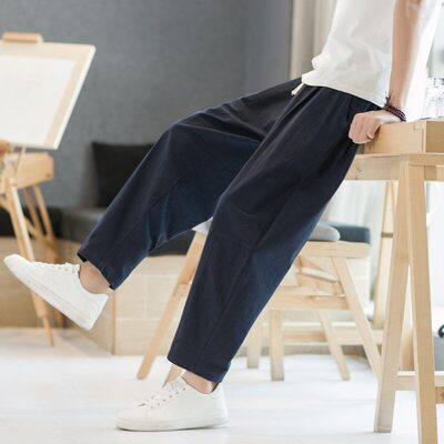夏季休闲裤子男百搭棉麻宽松亚麻裤韩版潮流九分裤长裤直筒