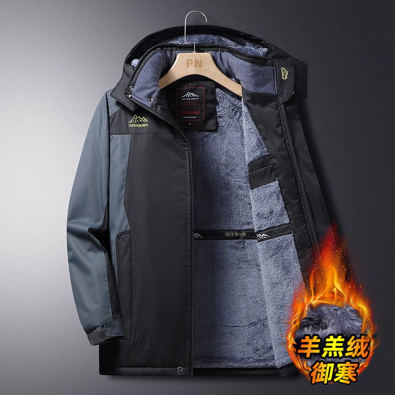棉服冬季新款加绒加厚款户外运动保暖冲锋衣夹克可拆卸帽男士外套