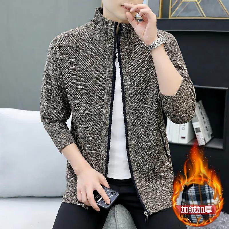 加绒保暖针织开衫男休闲百搭秋冬季青少年韩版立领加厚毛衣外套潮