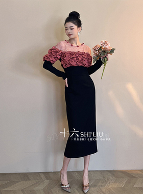 【十六原创】拼接修身重工花朵黑色百搭女装连衣裙51196