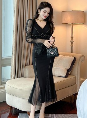 20679晚礼服女高级感秋冬季新款气质V领长袖修身显瘦鱼尾连衣裙