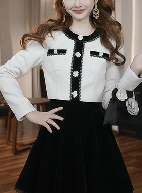 45483 小香风miu系穿搭黑白撞色撞色单排扣连衣裙小个子重工a字裙