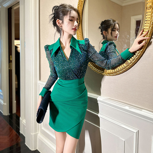小香风衬衫长袖上流社会连衣裙小个子假两件拼接包臀裙女2025秋季