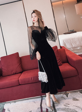 品牌捡漏中长款黑色丝绒连衣裙女新款性感显瘦大摆名媛丝绒晚礼服