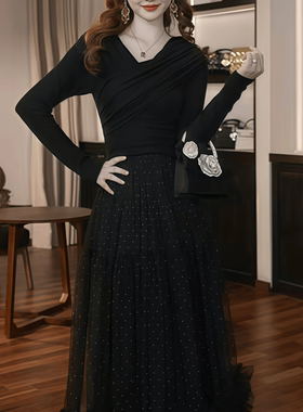 65567 新款黑色女装连衣裙简约优雅拼接V领中长裙A字裙