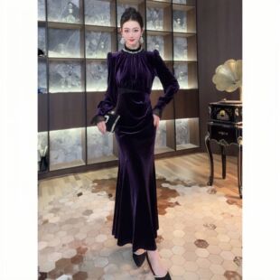 长款 显瘦气质长袖 名媛秋冬轻奢时尚 修身 收腰连衣裙 复古法式