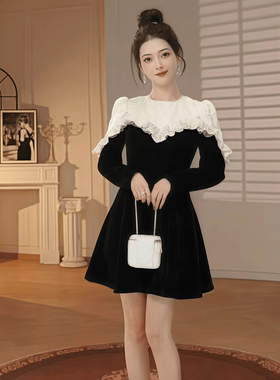 21975小清新甜美荷叶边连衣裙女亮片拼接a字裙高级感气质丝绒短裙